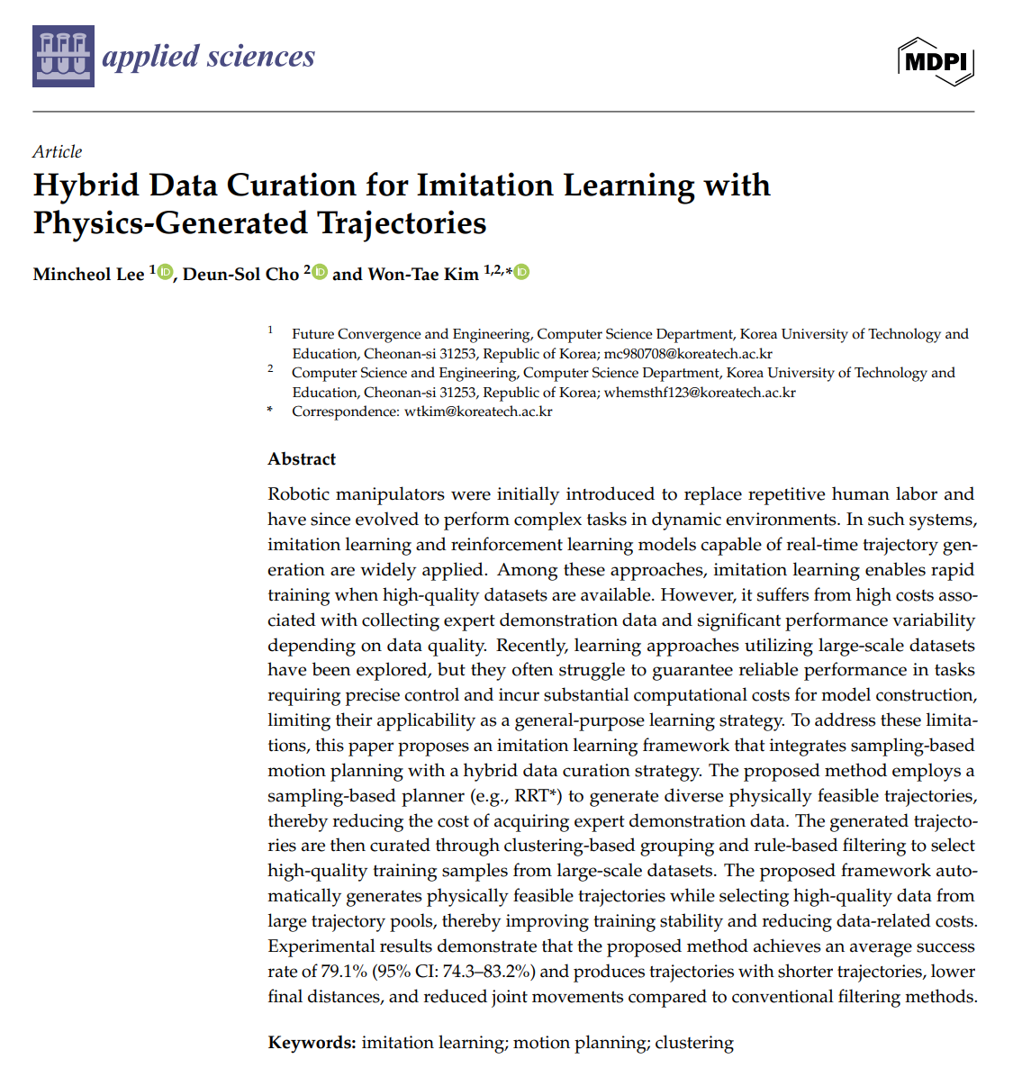 이민철 박사과정, "Hybrid Data Curation for Imitation Learning with Physics- Generated Trajectories" Applied Science 출판